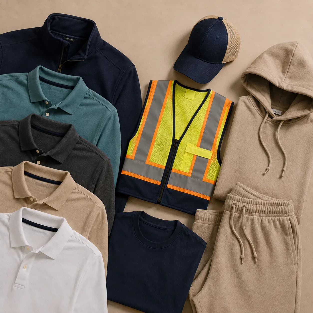 Polo shirts, jacket, cap, safety vest, hoodie, and sweatpants