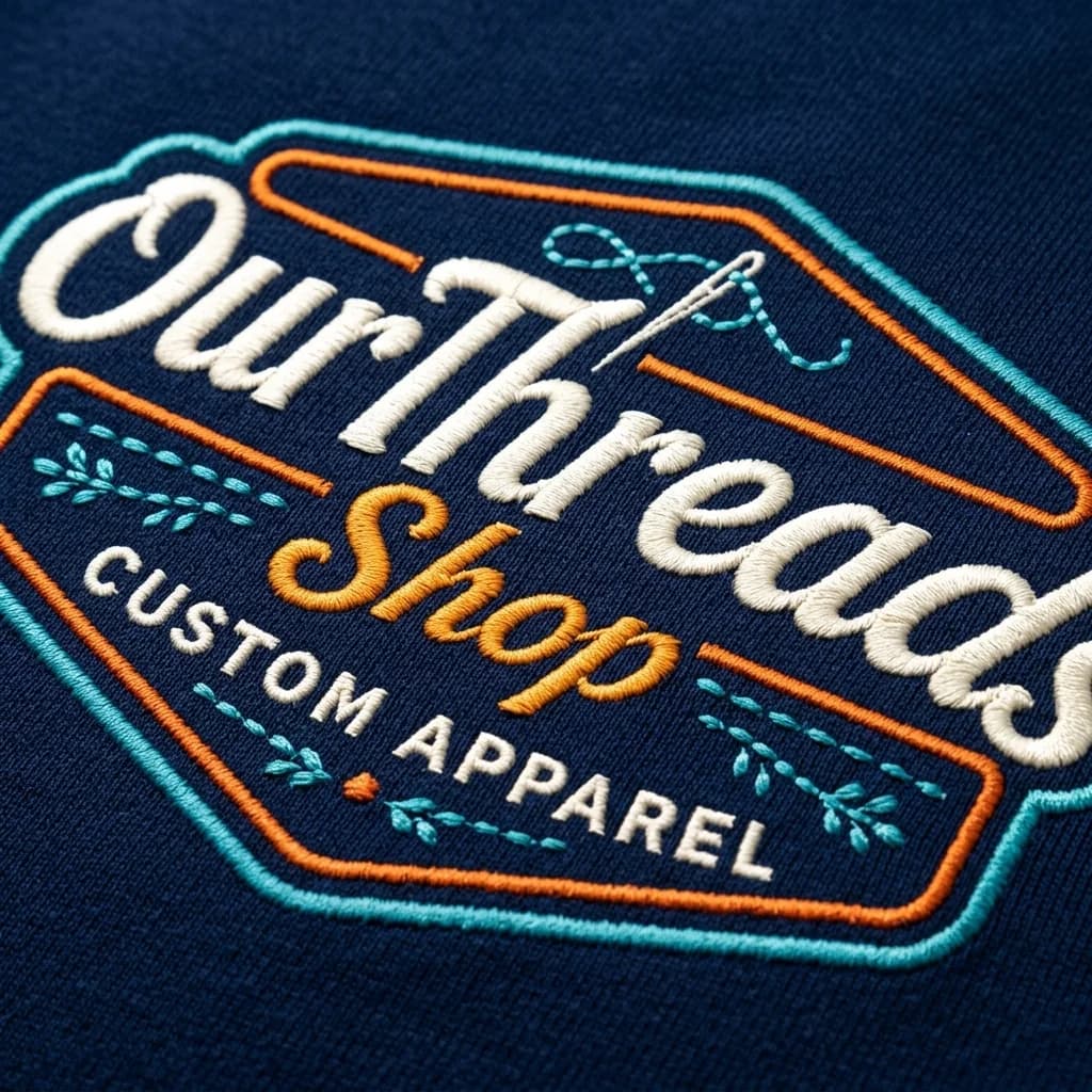 Our Threads custom embroidered logo in original colors on navy blue fabric